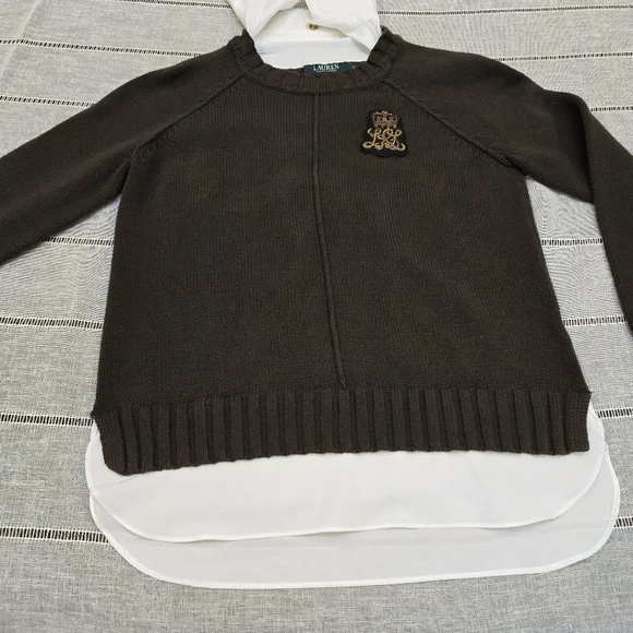 LAUREN RALPH LAUREN Womens Sweater Layered Bullion Patch Logo Brown Small - Picture 5 of 16
